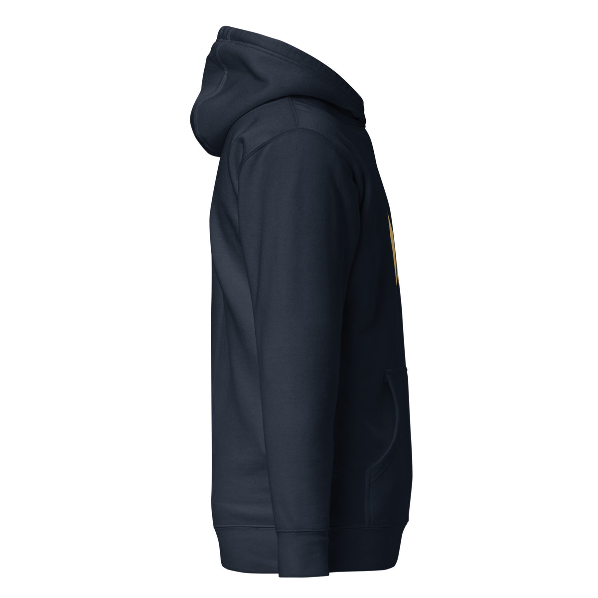 The Mark premium pullover hoodie in midnight navy with Old Gold Harvest mark, right-side view