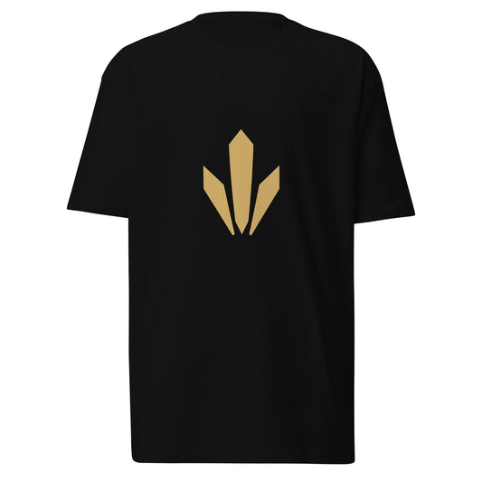 The Mark premium heavyweight tee in black with Old Gold Harvest mark, front view