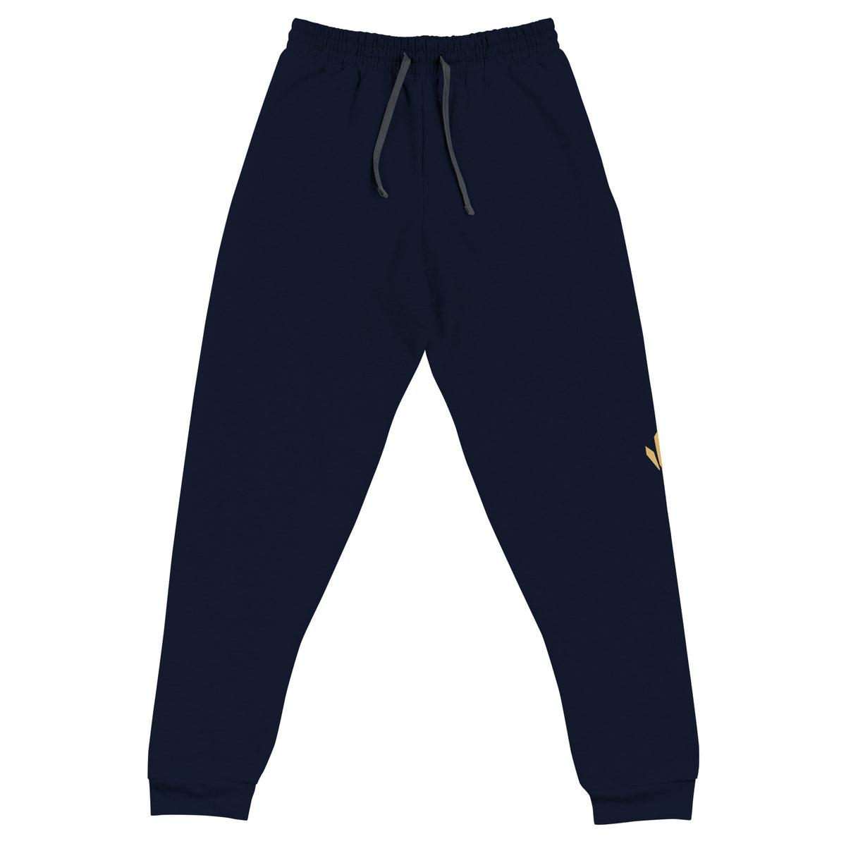 The Mark premium joggers in midnight navy with Old Gold Harvest mark on left leg, front view