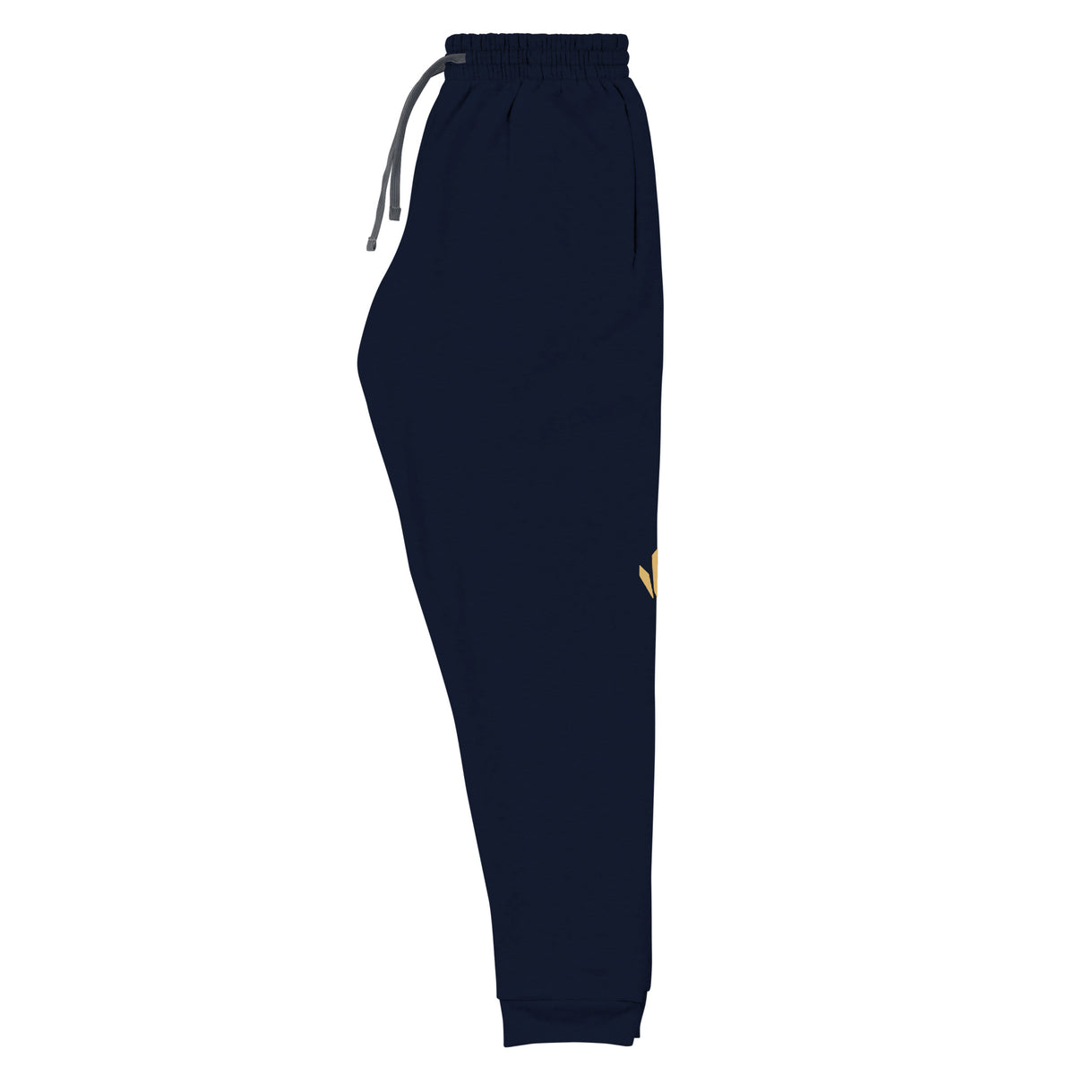 The Mark premium joggers in midnight navy with Old Gold Harvest mark on left leg, left-front view