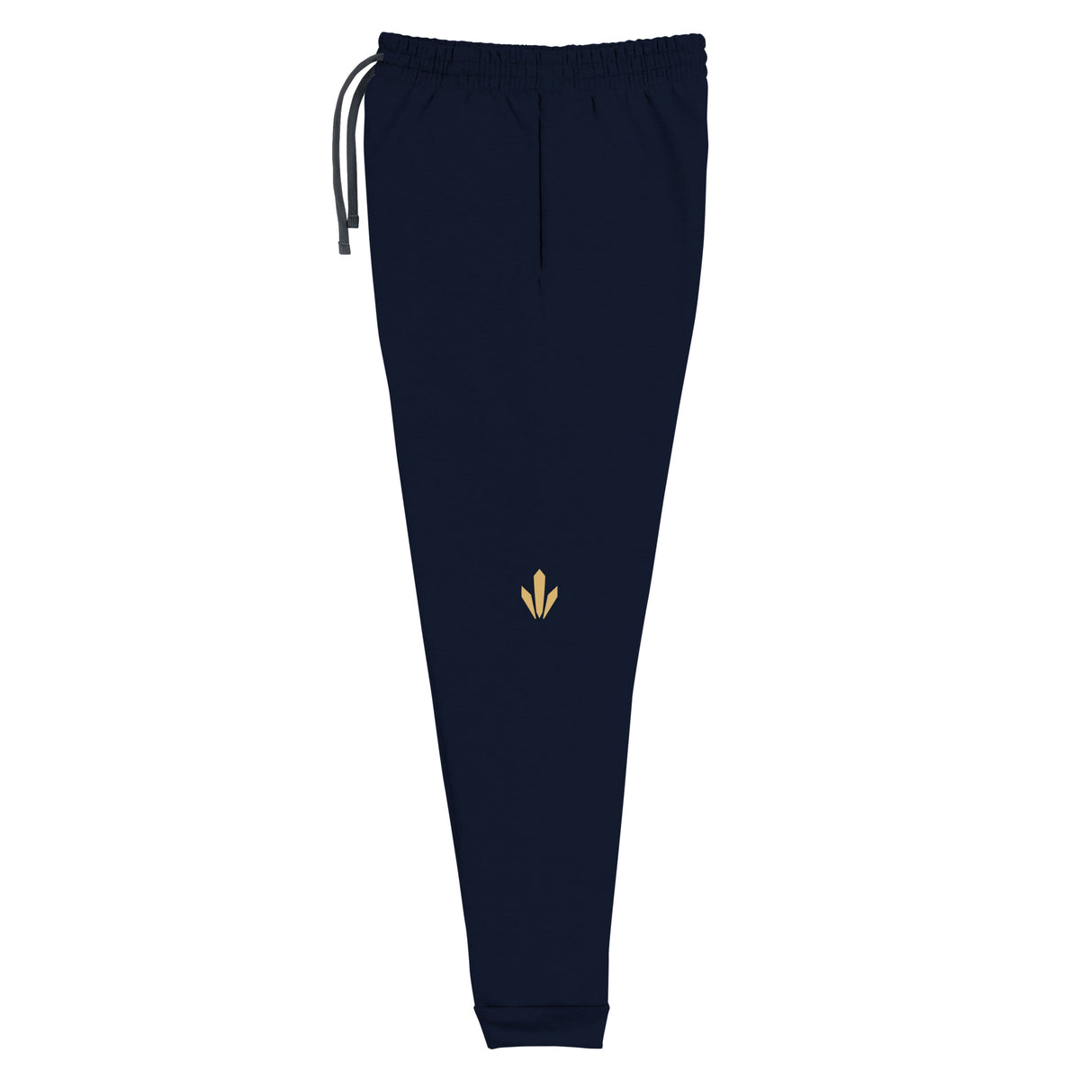 The Mark premium joggers in midnight navy with Old Gold Harvest mark on left leg, side view