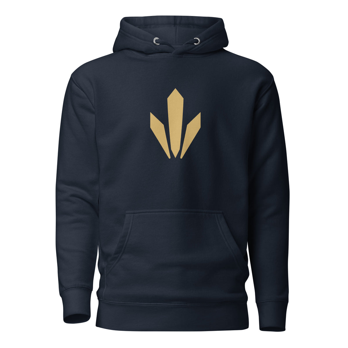 The Mark premium pullover hoodie in midnight navy with Old Gold Harvest mark, front view