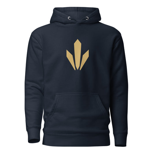 The Mark premium pullover hoodie in midnight navy with Old Gold Harvest mark, front view