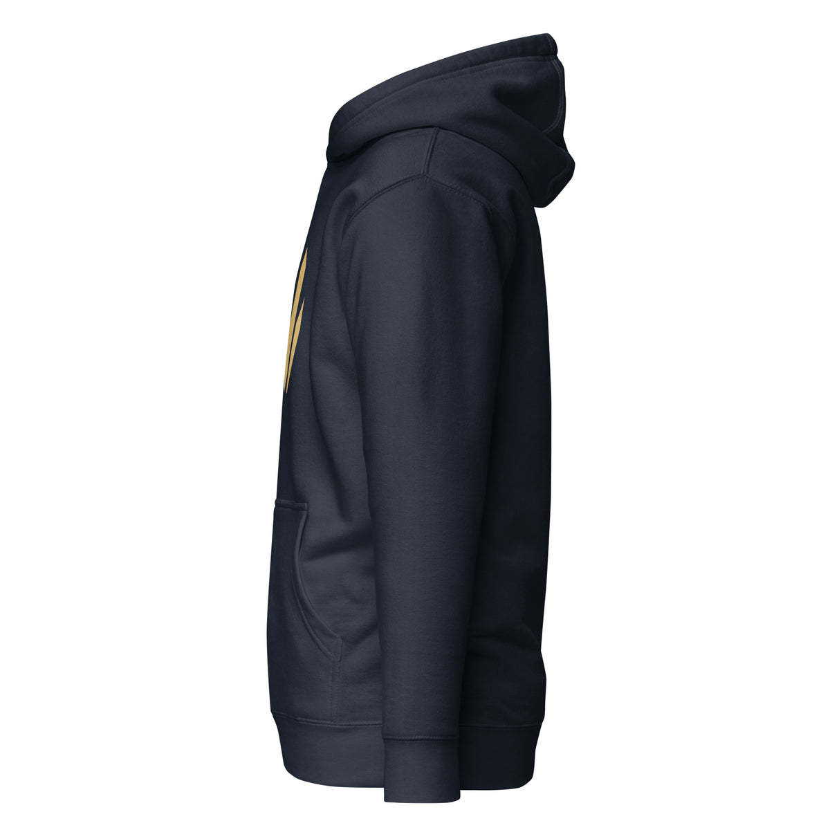 The Mark premium pullover hoodie in midnight navy with Old Gold Harvest mark, left-side view