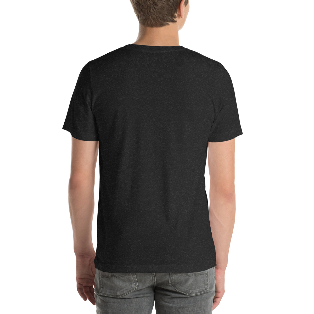 The Harvest Movement Wordmark Tee in black heather, back view