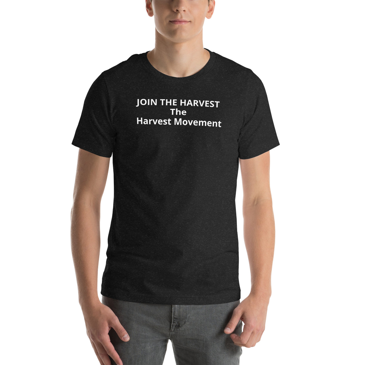 Join The Harvest Statement Tee in black heather with white front print, front view