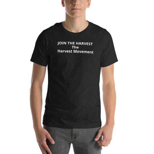 Join The Harvest Statement Tee in black heather with white front print, front view