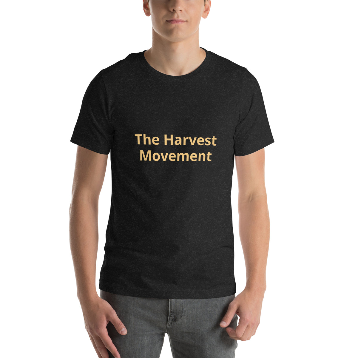The Harvest Movement Wordmark Tee in black heather with Old Gold front wordmark, front view