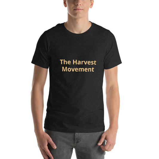 The Harvest Movement Wordmark Tee in black heather with Old Gold front wordmark, front view
