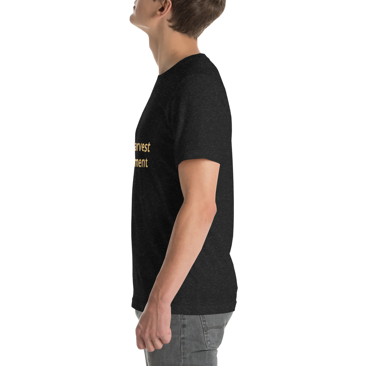 The Harvest Movement Wordmark Tee in black heather, left-side view
