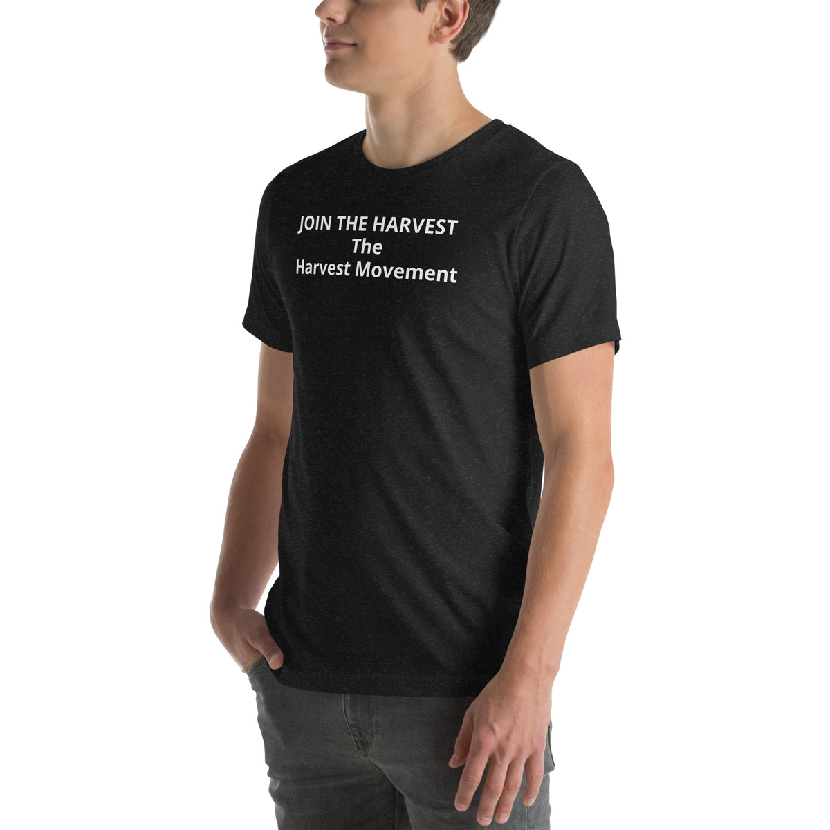Join The Harvest Statement Tee in black heather with white front print, left-front view