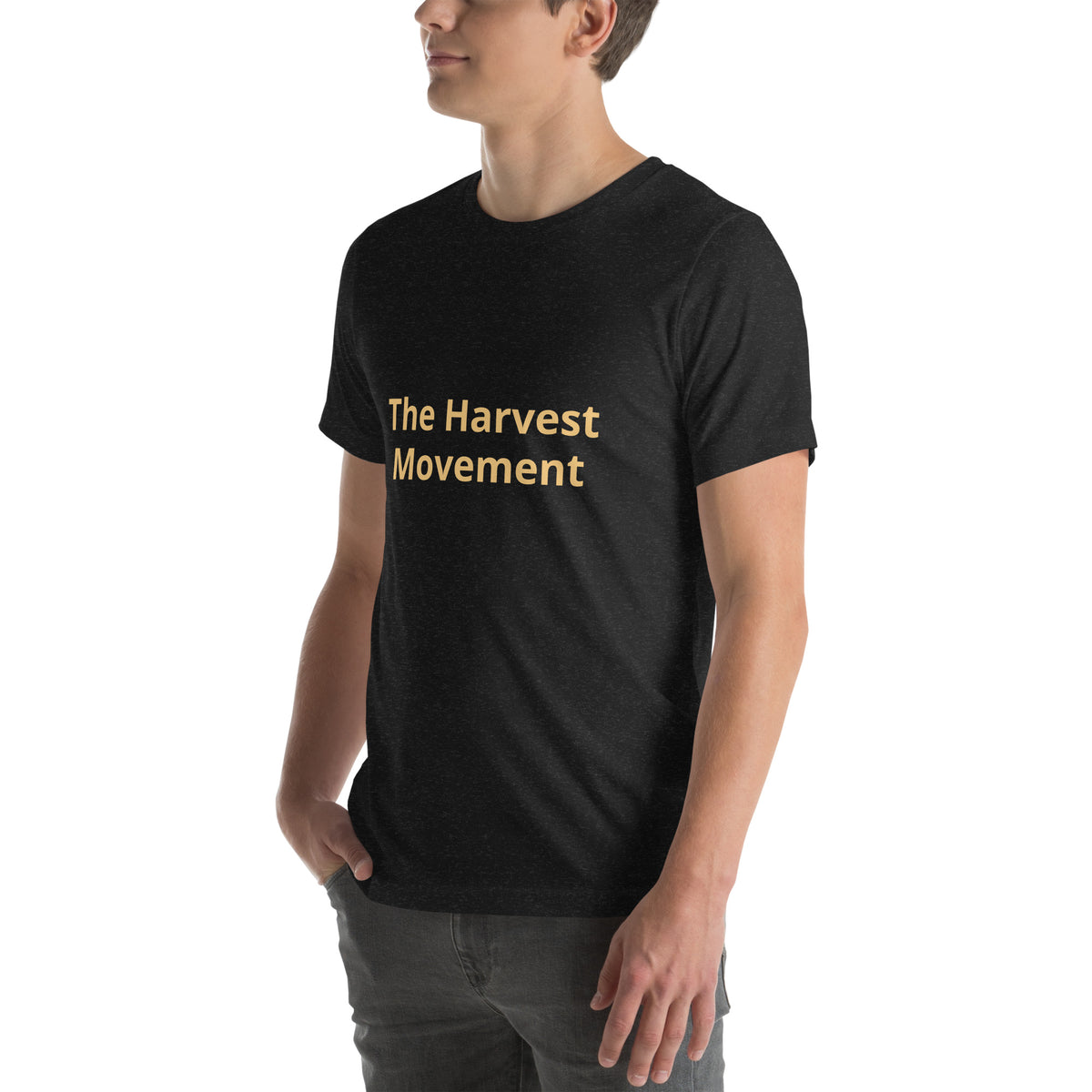 The Harvest Movement Wordmark Tee in black heather with Old Gold front wordmark, left-front view