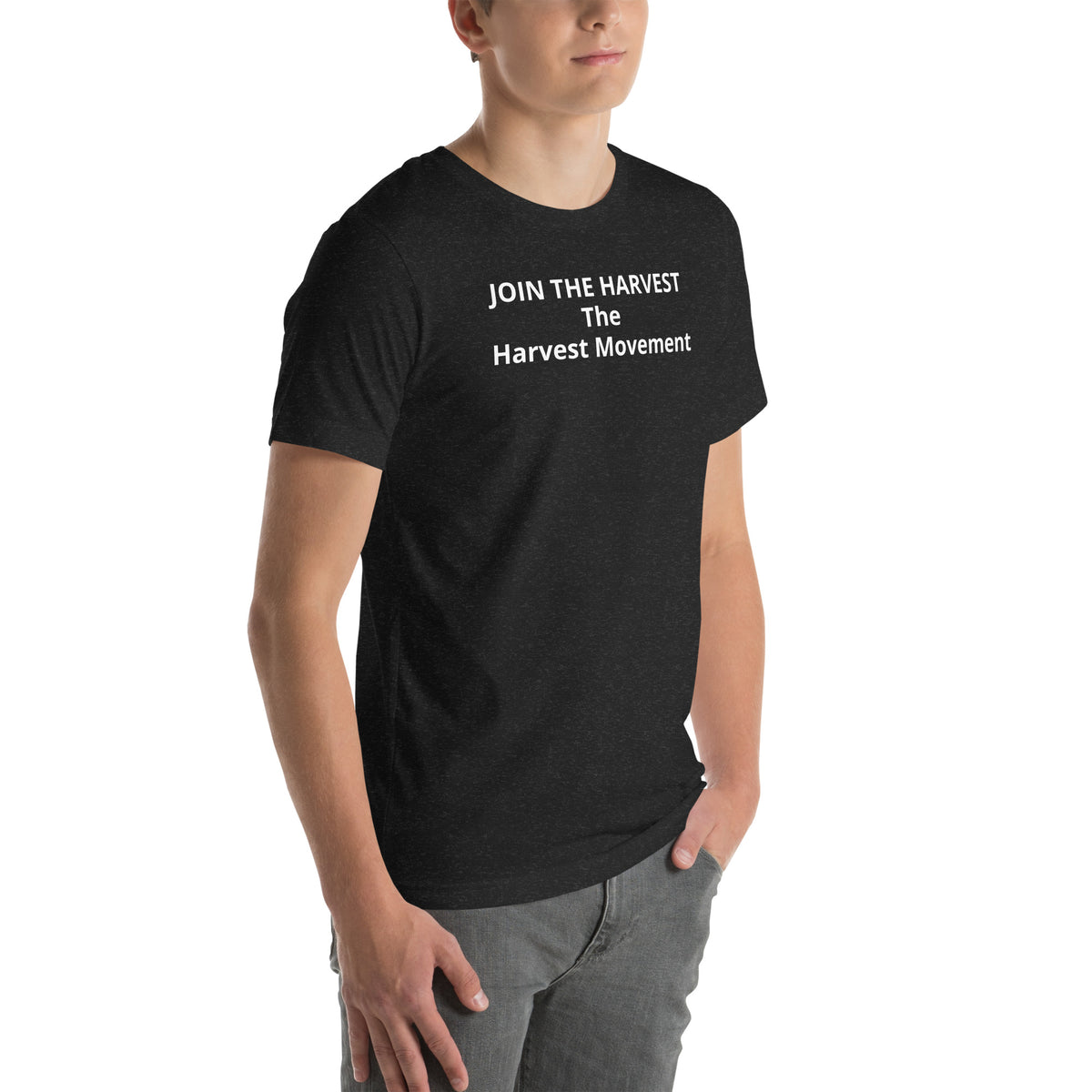 Join The Harvest Statement Tee in black heather with white front print, right-front view