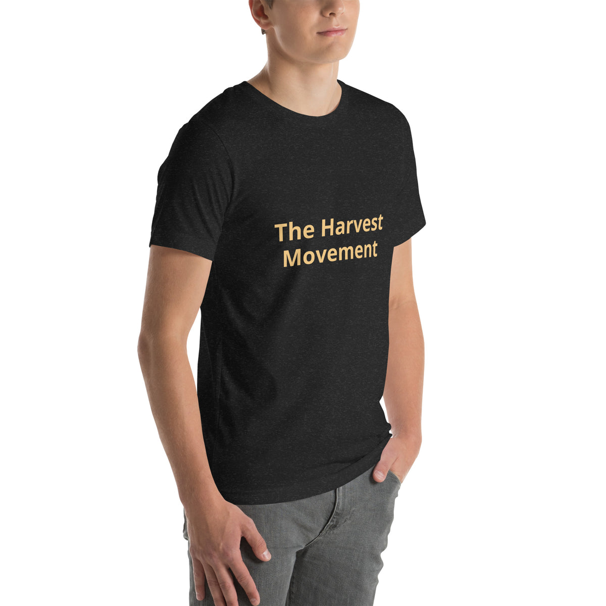 The Harvest Movement Wordmark Tee in black heather with Old Gold front wordmark, right-front view
