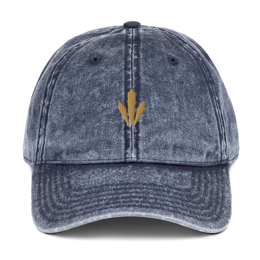 The Mark Heritage Cap in navy cotton twill with embroidered Old Gold Harvest mark, front view