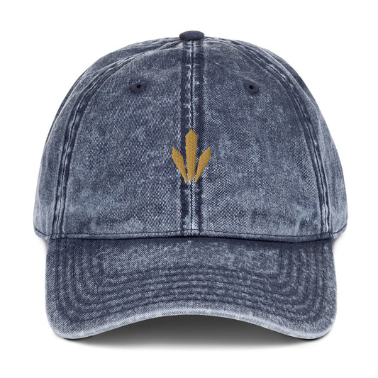 The Mark Heritage Cap in navy cotton twill with embroidered Old Gold Harvest mark, front view